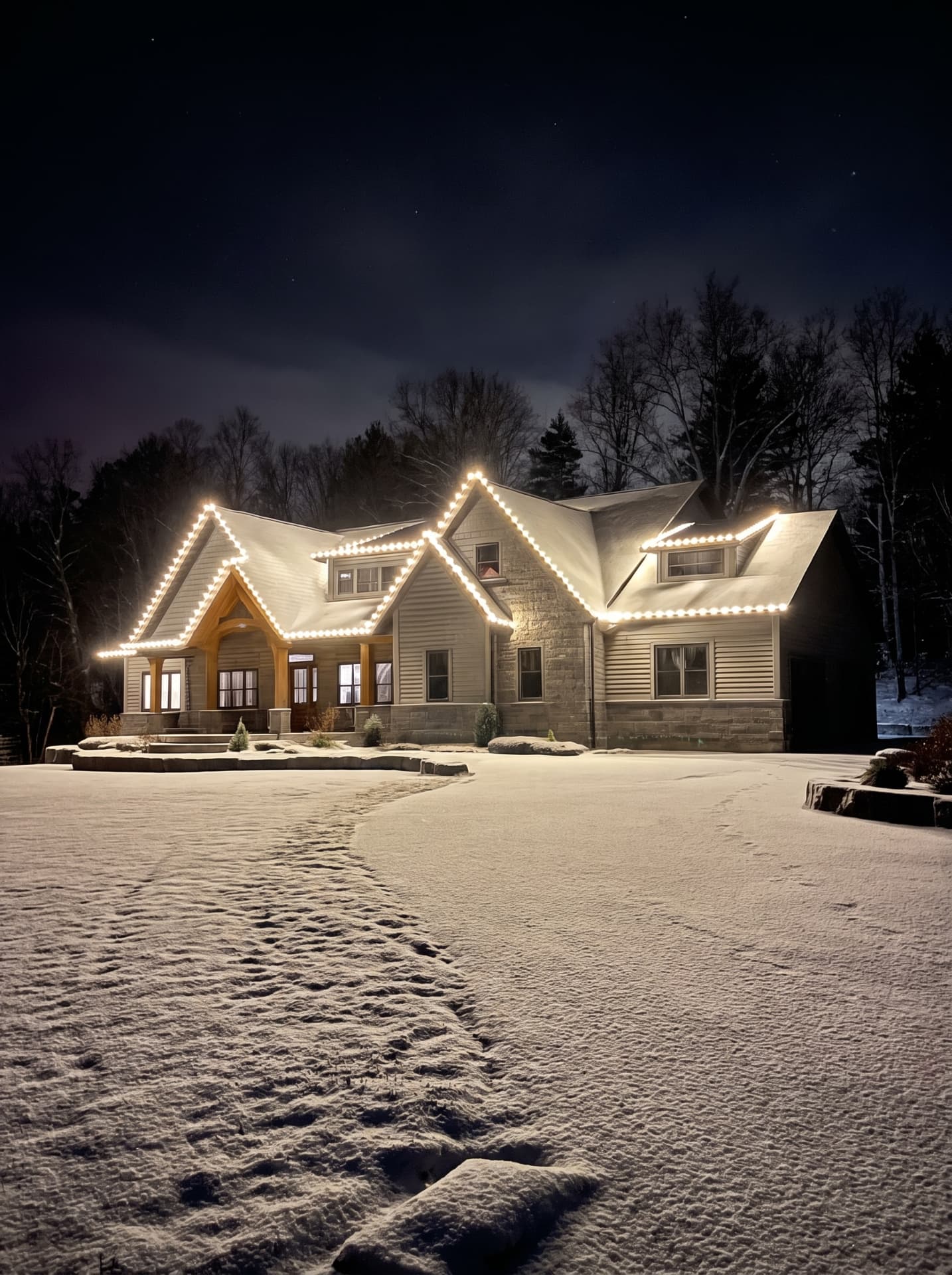 Snow-covered home with warm white holiday lighting outlining every roofline peak at night