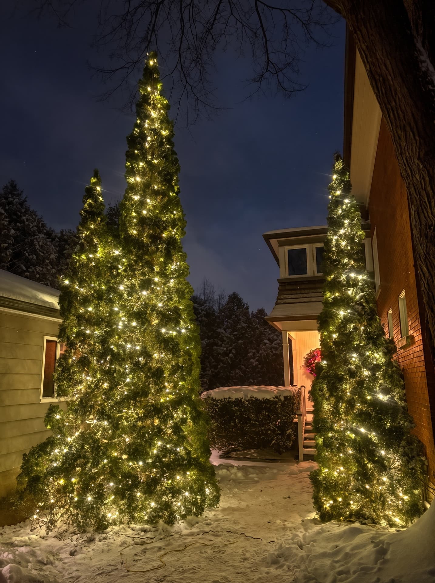 Tall evergreen trees wrapped in warm white holiday lights beside a home at dusk
