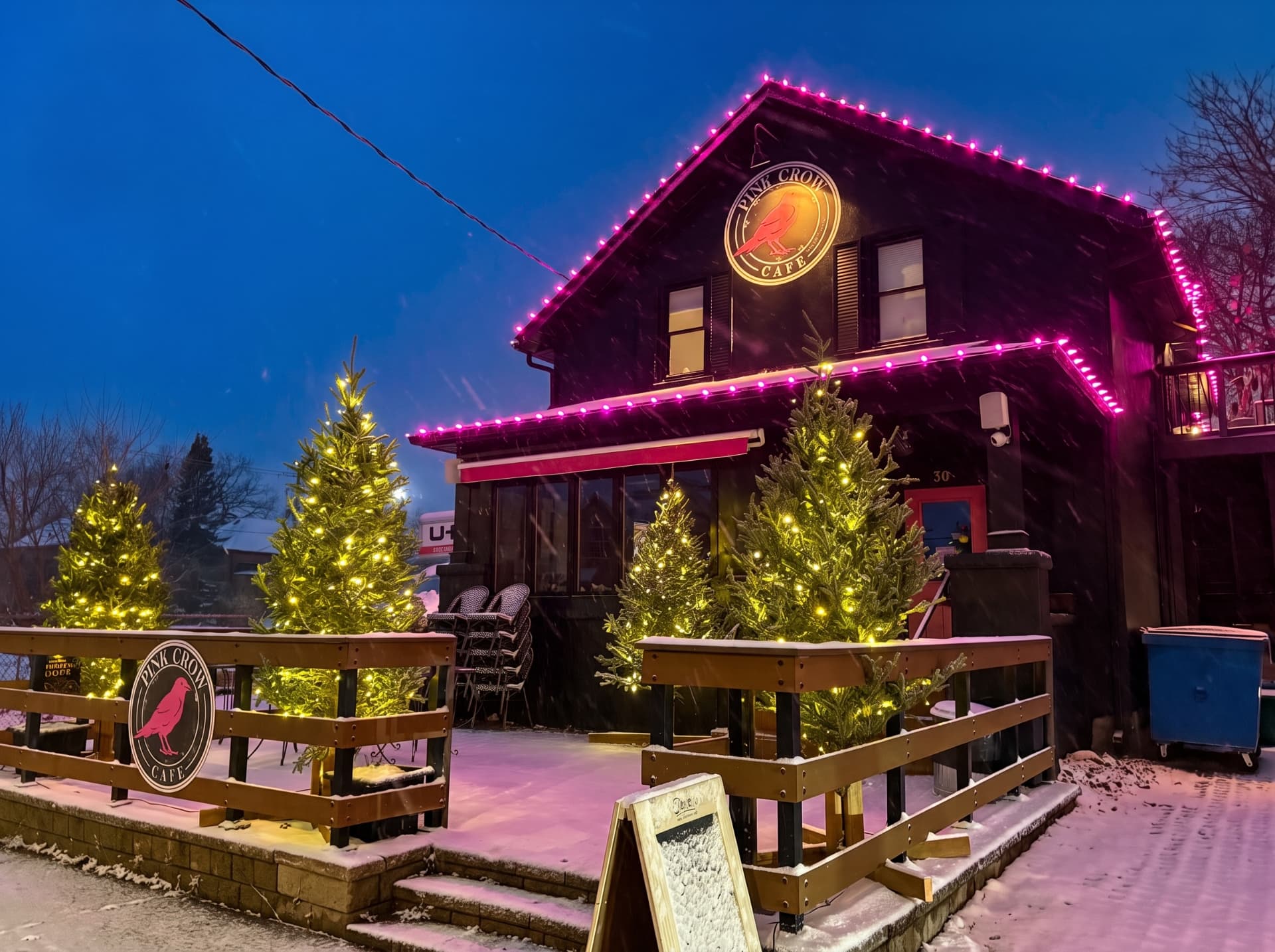 Cafe exterior with magenta roofline holiday lighting and illuminated patio Christmas trees in falling snow
